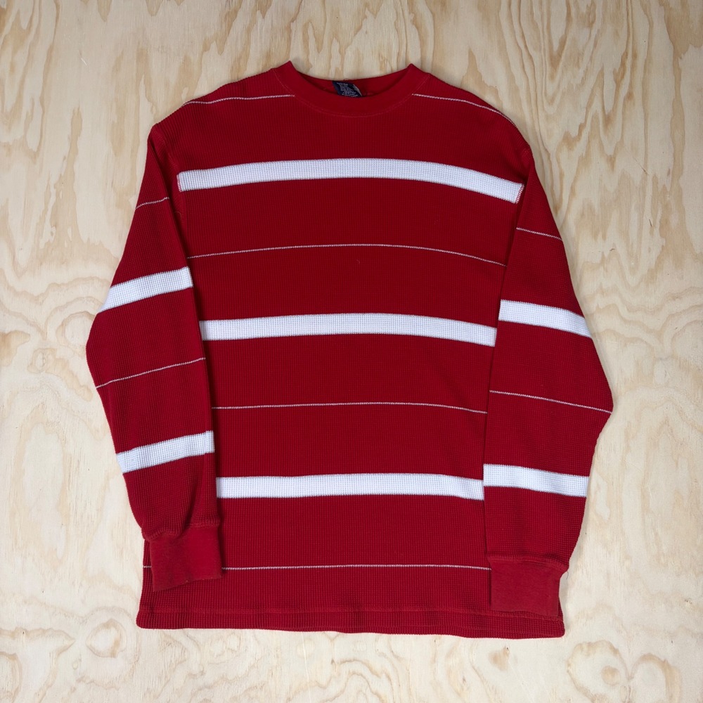 Vintage Red White Striped Waffle Knit Thermal Long Sleeve Shirt Mens XL Crewneck
